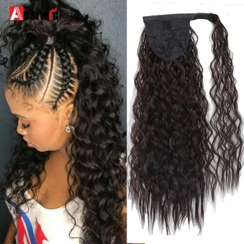 AOSIWIG Synthetic Long Kinky Curly Ponytail Clip on Hair Tail Extensions Magic Paste Wrap Around Ponytail for Women