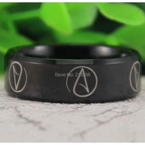 Free Shipping USA Canada Russia Brazil Hot Sales 8MM Comfort Fit Shiny Black Bevel Atheist Design Mens Tungsten Wedding Ring