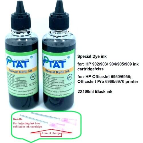 YOTAT 2*100ml BK Dye ink refill kit for HP902 HP903 904 905 HP906 907 908 909 ink cartridge CISS for HP OfficeJet 6950 6956 6960