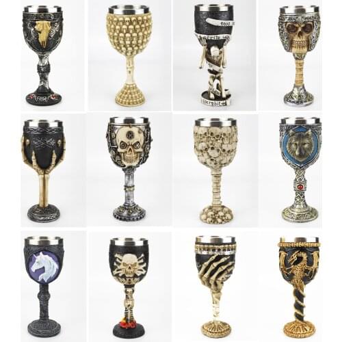 Gothic Goblet 3D Viking Stainless Steel Resin Skull Wine Goblet Dragon Claw Skeleton Spine Whiskey Cup Wine Glass for Halloween