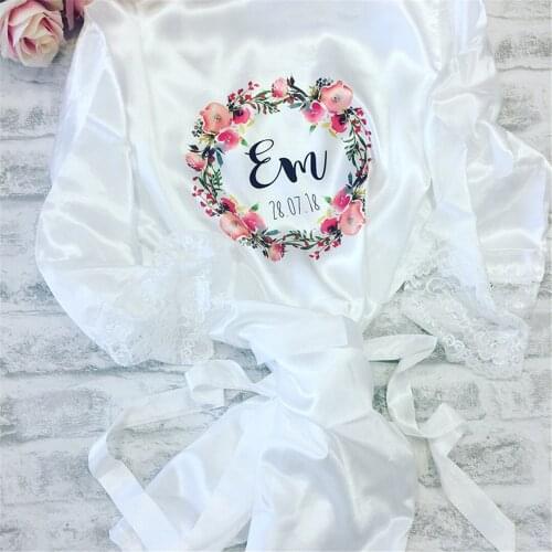 Personalized blush satin Hen Party Floral Printed robe Name Lace Sexy Women Nightwear Peignoir Mariage keepsake Female Bathrobes