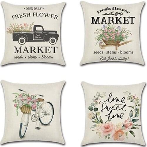 Cotton Linen Cushion Cover Spring Sunflower Bicycle Car Farm theme Pillow Case Home Chair New Year Decoration Pillowcase cojin