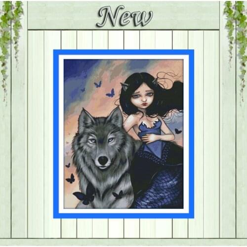 Wolf and girl beautiful decor painting counted print on canvas DMC 14CT 11CT Chinese Cross Stitch Needlework Set Embroidery kits