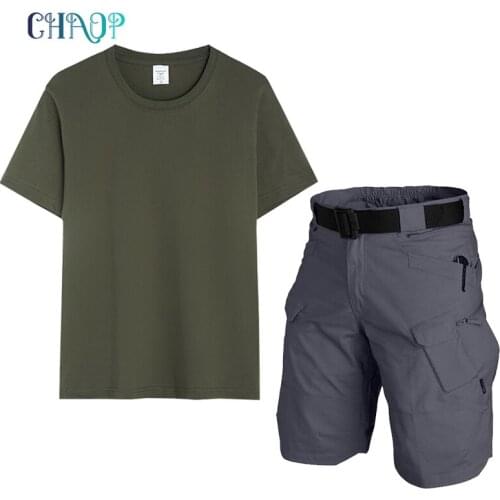 Summer 2 Piece Set Mens Tactical Shorts + T-Shirt Men Camo Cargo Shorts Quick Dry Sports Tee Outdoor Multi Pocket Short Pants
