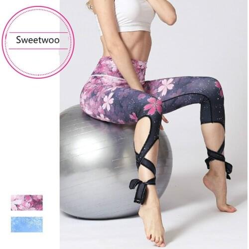 Sweet Flower Fitness Yoga Pants Sport Training Leggings Gym Women High Waist Print Strappy Tights Running Jogging Tummy Control