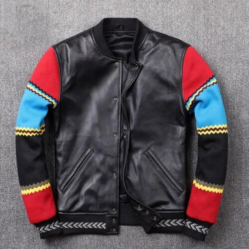 Genuine Leather Mens Leather Jackets Sheepskin Knitted Baseball Uniforms Genuine Leather Mens Jackets