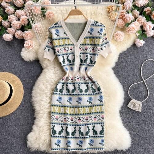 New cartoon image Dress V-neck temperament commuter fashion slim fit woman dress Short sleeve dresses for women 2021 Z919