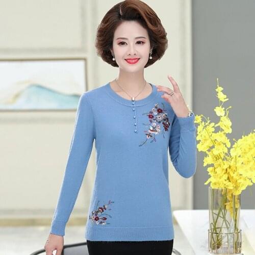 New 2021 Womens Autumn Winter Knitwear O-neck Warm Pullover Flower Embroidery Elegant Mother Sweater Soft Long Sleeve Jumper