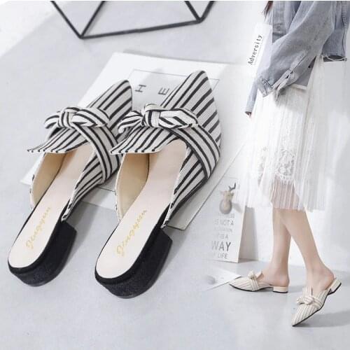 Sharp Semi-Slippery Women Wear New Striped Bow Baotou Thick-heeled Muller Shoes Low-heeled Half-Draw Lightweight