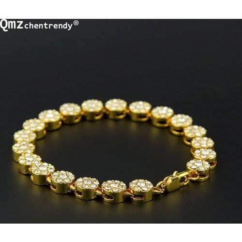 Cute Hip Hop Bling 1 Row Iced Out Circle Round CZ Chain Bracelets Hip Hop Simulated Gemstone Luxury BangleS