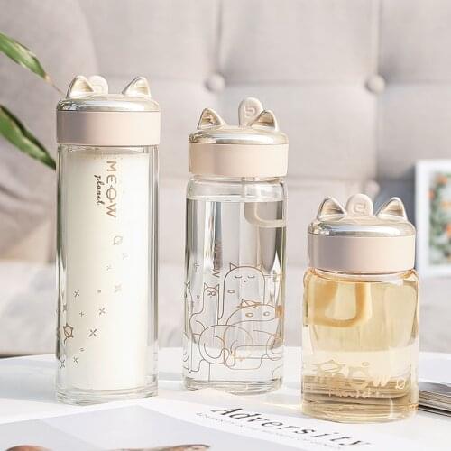 Glass Water Bottle Cute Cartoon Cat Student Bottles Portable Drink Bottle with Silicone Outdoor Sports Transparent Handy Cup