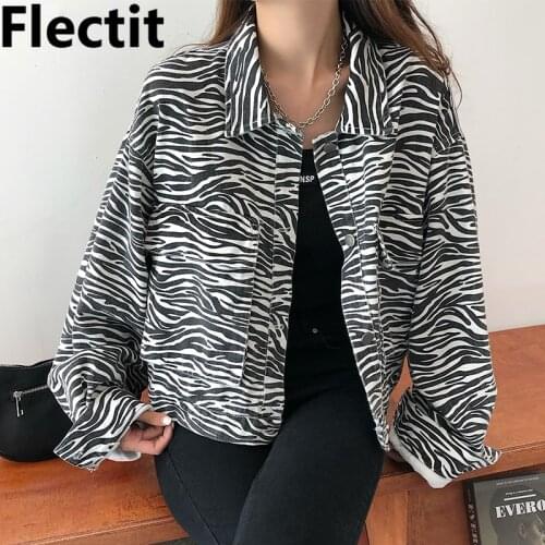 Flectit Women Zebra Denim Jacket Loose-Fit Long Sleeve Bomber Jackets Vintage Animal Print Jeans Jacket