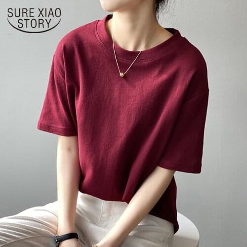Summer Round Neck Tshirt New 2021 Korean Loose Cotton Tees Women Short Sleeve T-shirt Solid Casual Tee Shirt Blusas Mujer 13441