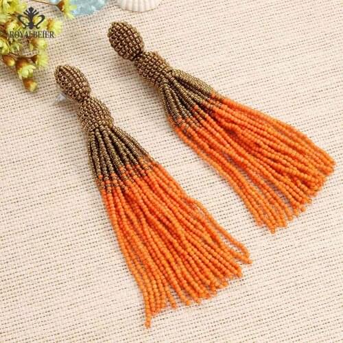 ROYALBEIER Multi Colors Glass Bead Long Tassel Earring Handmade Tassels Hanging Earrings Jewelry Long Earrings for Women ES0275