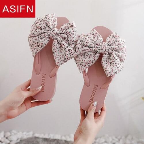 ASIFN Korean Version Floral Bow Herringbone Slippers Women Flat Outdoor Casual Beach 2021 Summer Sweet Style Flip Flop Platform