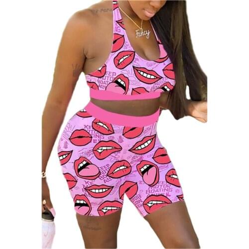 Cartoon Lips Printed Womens Sexy 2 Pieces Suit Sets U-Neck Sleeveless Bandage Crop Tops and Shorts For Women S/M/L/XL
