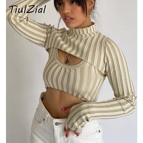 TiulZial Long Sleeve Women Turtleneck Sweater Set Hollow Out Crop Knitting Sweater Summer Autumn Sexy Y2K Pullover Jumper Lady