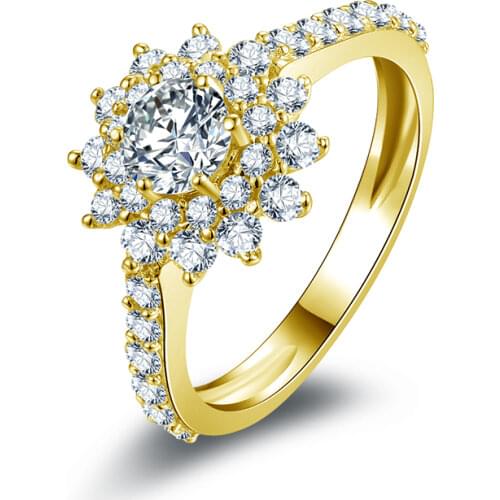QYI 14K Solid Yellow Gold Rings Women Fashion Jewelry Round Sona Simulated Diamond Engagement Wedding Band Ring