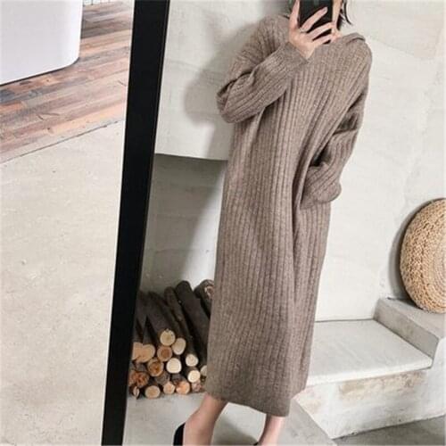 Fashion Lazy wind Long Sleeve Sweater Dress Women 2020 Autumn Winter new Loose vertical Stripes Hooded Knitted Dress B579