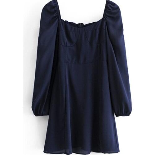 Evfer Women Vintage Square Collar Long Sleeve Elastic High Waist Blue Mini Dresses Chic Lady Sprint Casual Back Zippe Slim Dress