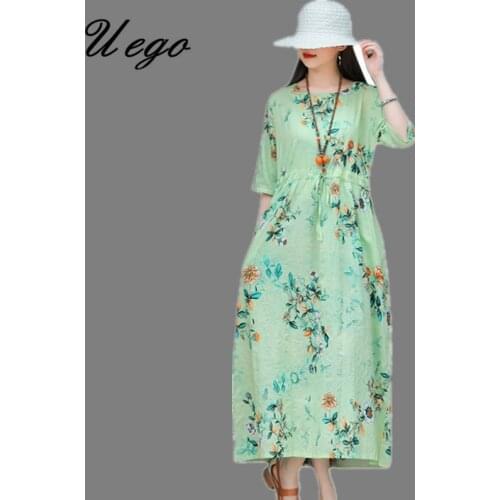 2021 New Holiday Outdoor Travel Casual Dress Linen Cotton Prairie Chic Spring Summer Dress Women Print Floral Vintage Midi Dress