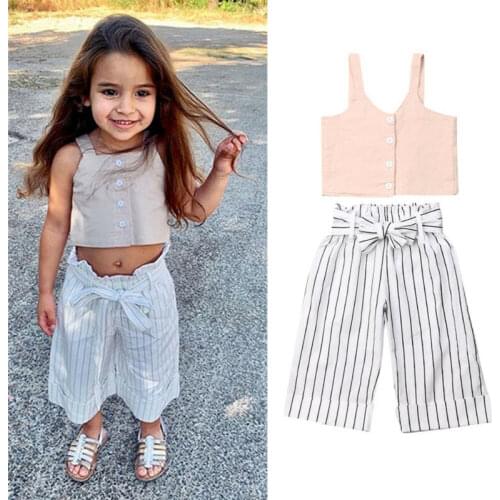 2PCS Toddler Kid Baby Girl Clothes Button Strap Tops+Pants Summer Outfits Set