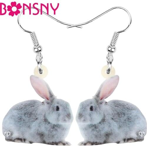 Bonsny Acrylic Gray Easter Hare Rabbit Bunny Earrings Cute Pet Animal Dangle Drop For Women Girls Trendy Festival Gift Jewelry