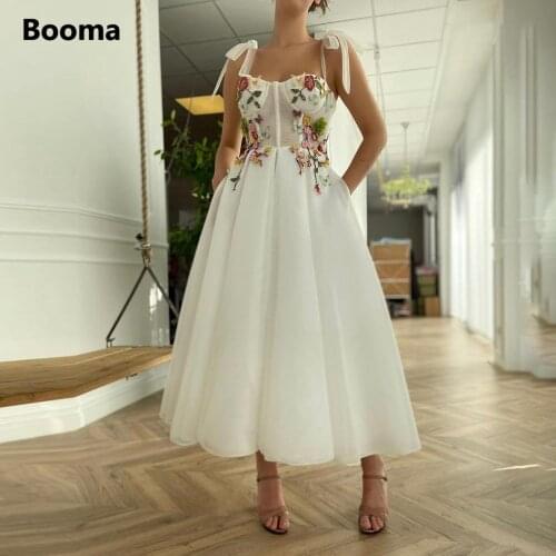 Booma Ivory Mesh Tulle Midi Prom Dresses Sweetheart Ribbon Straps Flowers Appliques A-Line Party Dresses Tea-Length Formal Gowns