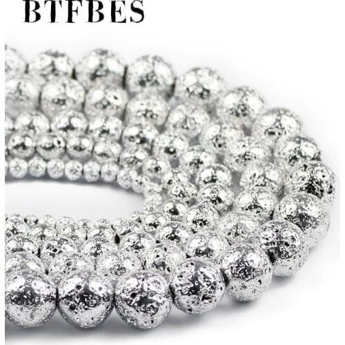 BTFBES plating Bright silvers Lava volcanics Natural Stone Round loose bead for Jewelry Making DIY Bracelet Necklace 4 6 8 10 12