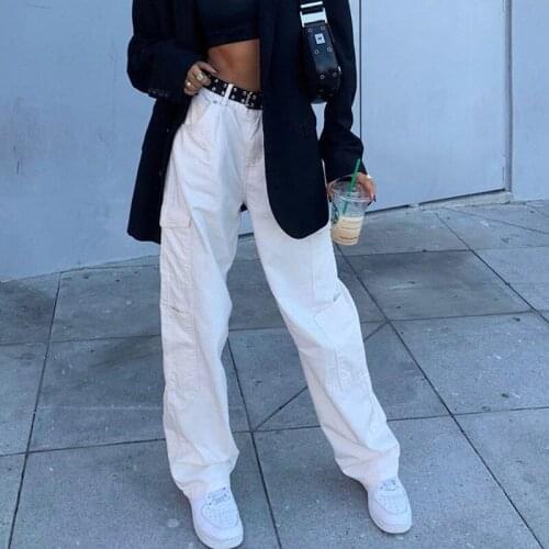 Brand New Fashion Pocket White Womens Jeans Streetwear High Waist Jeans Vintage Straight Harajuku 2020 Denim Pants Cargo Pants