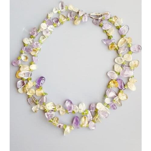 LiiJi Unique Genuine Amethysts Citrines PeridotsToggle Clasp 2 Rows Necklace 47cm for Women Summer