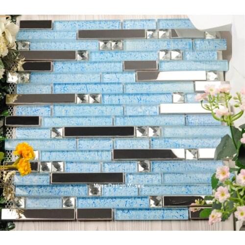 Blue short and long strip glass mixed metal stainless steel diamond mosaic tile sheet dining room wall tiles bathroom shower