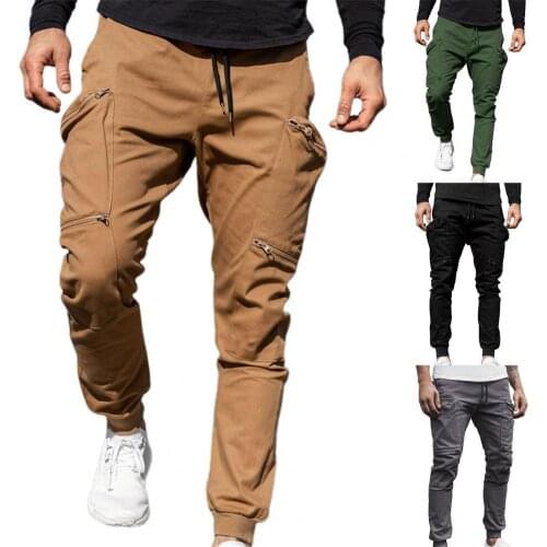 Mens Overalls Multi Zipper Pockets Training Trousers Solid Color Men Ankle Tied Mid Waist Cargo Pants for Outdoor Sports