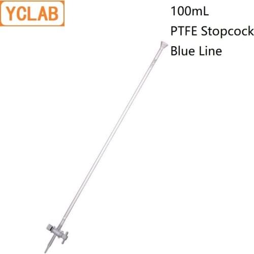 YCLAB 100mL Burette with PTFE Stopcock and Blue Line on Milk White Back Class A Transparent Glass Laboratory Chemistry Equipment
