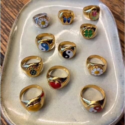 Fashion Womens Alloy Drip Oil Ring Small Daisy Tulip Clover Heart Gossip Tai Chi Wedding Rings Jewelry For Girls