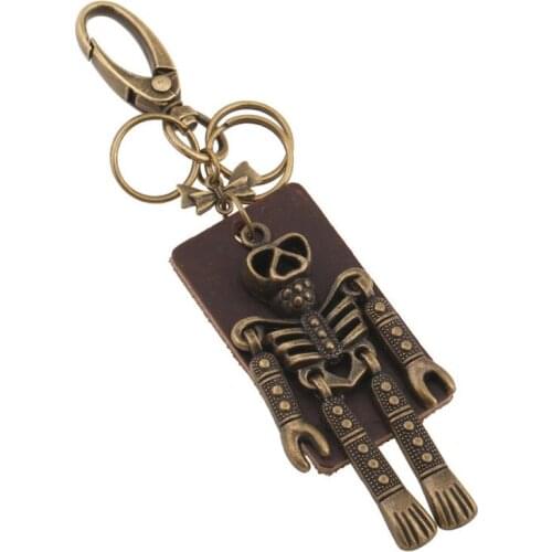 Fashion Punk Rock Skull Keychain Alloy Bronze Gothic Skeleton Cuff Leather Pendant Ring Holder Bag Car Key Chain Hiphop Jewelry