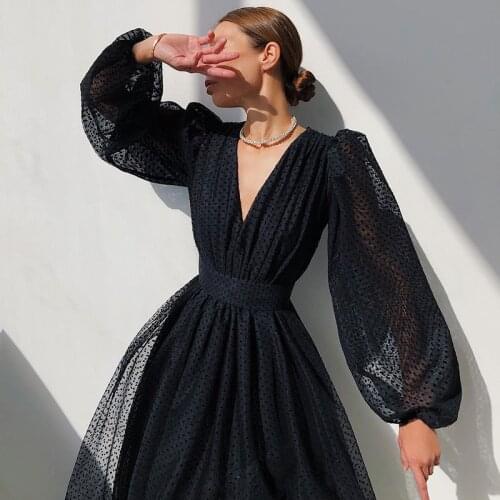 Women V-neck Polka Dot Mesh Midi-length Dress White A-line Puff Sleeve Female Dress 2021 Spring Elegant Evening Party Lady Robe