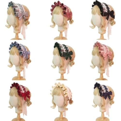 Japanese Lolita Maid Cosplay Headdress Ruffled Crisscross Bowknot Hairband Sweet Floral Lace Ribbon Party Hair Accessory