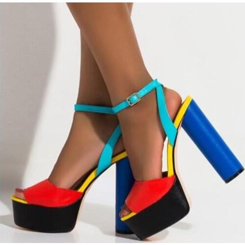 Mixed Color Patchwork Chunky Heel Sandals Ankle Strap Red Blue Leather High Platform Thick High Heel Dress Shoes Gladiator Shoe