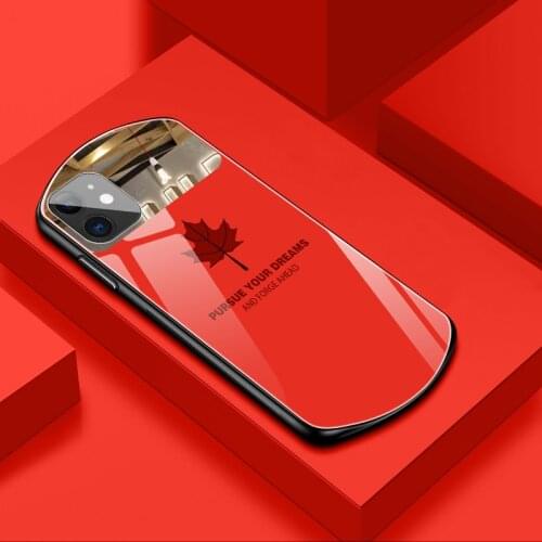 Luxury Cute Oval Maple Leaf Tempered Glass Phone Case For iPhone 12 11 Pro Max XSmax XR X SE 8 7 6 Plus Mirror Silicone Cover