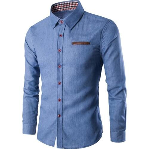 Spring Autumn Men Shirts 2021 Fashion Turn Down Collar Denim Shirt Casual Long Sleeve Buttons Plaid Slim Top Mens Clothing