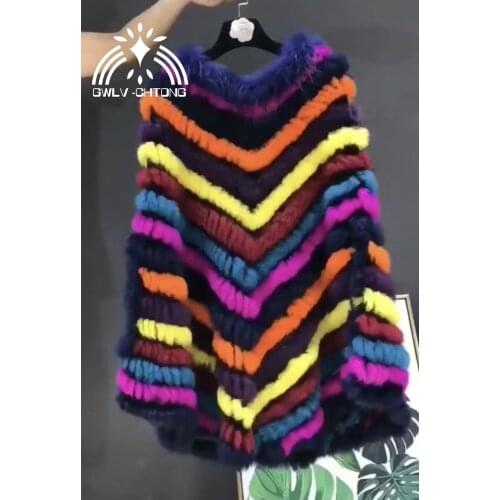 New Genuine real natural womens knitted rabbit fur shawl with raccoon fur collar girls multi-color colorfull pullover
