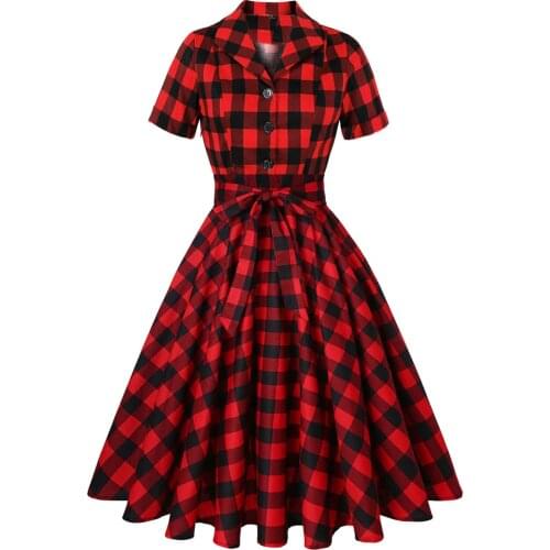SISHION Women Short Sleeve S-4XL Plus Size Cotton Vintage Plaid Dress SD0002 Checkerboard Black Red Vintage Summer Dress Robes