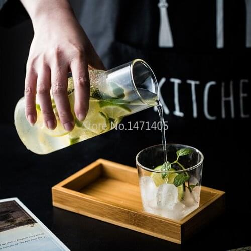Japanese Style Glass A Jug and A Cup with Wooden Plate Juice Drink Cup Teapot Water Tea Cup Transparent Milk Cup Breakfast Cup