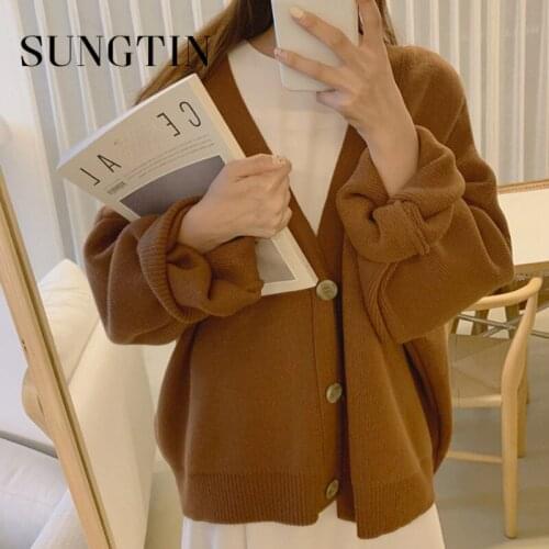 Sungtin Vintage Loose Knitted Cardigan Women Button Up Korean Fashion Cropped Sweater Coat Design Harajuku Jumper Outwear Chic
