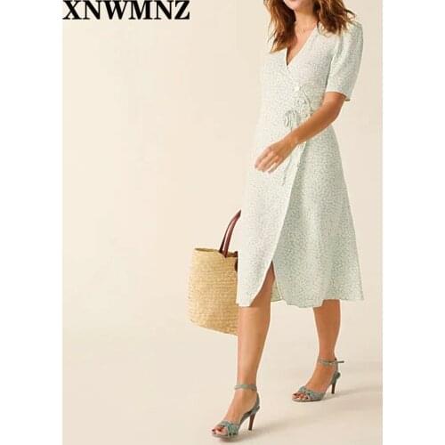 XNWMNZ ZA France Green pastel hydrang Print vestido Fashion fastening tie side Buttons women midi dress Vintage Gabin wrap dress