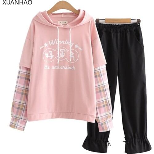 XUANHAO Womens Sets Letter Print Plaid Patchwork Hooded Sweatshirts And Elastic Waist Solid Pants Two Piece Set Straight Pants