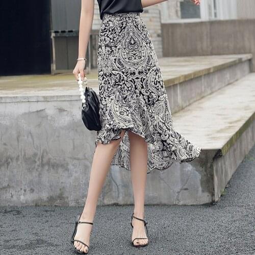 Chiffon Floral Skirts Y2K summer new High Waist midi Skirts Women Asymmetry Retro Party Outfits Streetwear Mermaid skirt