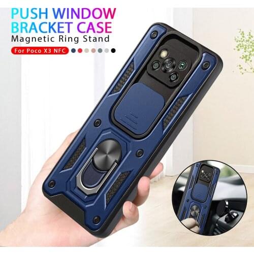 Push Slide Camera Protect Case For Xiaomi Poco X3 Pro xiomi Pocophone X 3 3X NFC PocoX3 X3Pro Magnetic Ring Stand Armor Cover