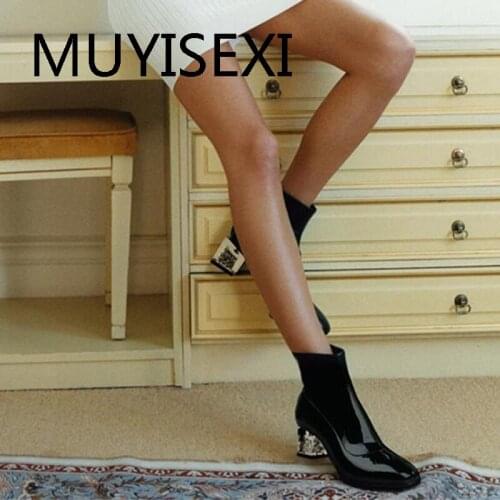 European style square toe 5cm med crystal heel western lady elegant fashion concise side zipper black ankle boots HL310 MUYISEXI
